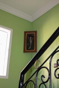 een trap met een foto van een kat op een groene muur bij Très belle maison in Sidi Ifni