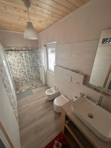 uma casa de banho com um lavatório, um WC e um chuveiro em La Casa di Mimmo em Gradara