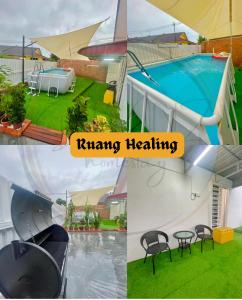 een collage van foto's van een zwembad en een huis bij Dnanz homestay klebang MUSLIM SHJ in Melaka