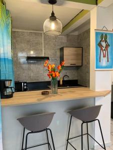 a kitchen with two bar stools and a counter with orange flowers at Logement avec parking à proximité de l’aéroport in Les Abymes