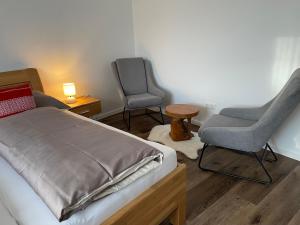 1 dormitorio con 2 sillas, 1 cama y 1 mesa en Apartments am Mühlbach, en Amstetten