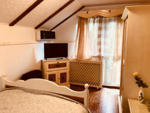 a bedroom with a bed and a tv and a window at Vila Horia Bradet in Săcele