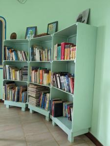 two shelves filled with books in a room at Torre Sabina in Vila do Maio