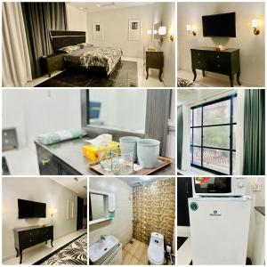 a collage of four pictures of a hotel room at Ultra muse Studio Apartment in Lahore