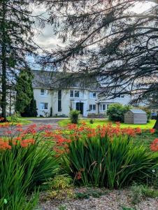 a white house with flowers in front of it at FINN VILLAGE – Loch Lomond Luxury Lodges with All Year-Round Hot Tubs and Gazebos in Glasgow