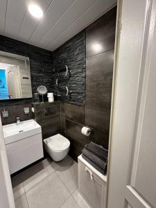 La salle de bains est pourvue de toilettes et d'un lavabo. dans l'établissement Tallinn's Prime Spot: Pae 49 - Near Airport, Concerts & Shops, à Tallinn