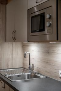 a kitchen with a sink and a microwave at Aliona Apart in Sölden