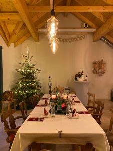 a dining room with a table with a christmas tree at Franzls Kellerschlössel 