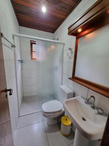 y baño con ducha, aseo y lavamanos. en Pousada nevadas da Serra en Urupema