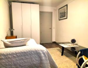 マドリードにあるGran habitación a 5 paradas de metro del centroのベッドルーム(ベッド1台、テーブル付)