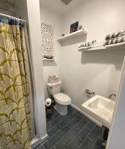 uma casa de banho com um WC e um lavatório em Northern Liberties Fishtown Central Cozy Quaint em Filadélfia