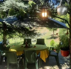 un tavolo e sedie con un tavolo e una vista su un campo di Šumska kuća Atina - Devojački Bunar a Alibunar