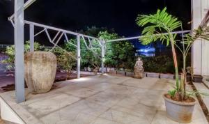 a patio at night with palm trees in pots at Elite Boutique Hotel in Satara