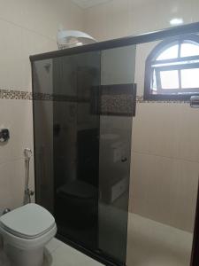 a bathroom with a toilet and a shower with a window at Flat Miguel Pereira in Miguel Pereira