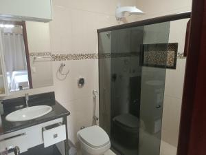 a bathroom with a shower and a toilet and a sink at Flat Miguel Pereira in Miguel Pereira