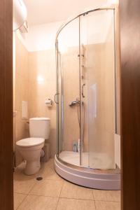 a bathroom with a shower and a toilet at Light One Bed Flat next to the Ski Lift in Bansko