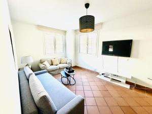 a living room with a couch and a flat screen tv at Plaza de Andalucía Edificio Salvia con vistas al Veleta in Sierra Nevada