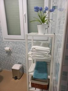 a white shelf with towels and a potted plant in a bathroom at Granada CENTRO al pie de la Alhambra y el Albaicín in Granada