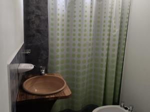 a bathroom with a sink and a shower curtain at Cabaña El Apicultor in Cachí