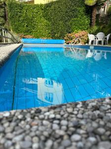 Minusio Swiss Vacances في Minusio: مسبح به بلاط ازرق على الماء