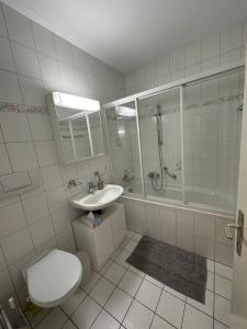 y baño con aseo, lavabo y ducha. en Minusio Swiss Vacances, en Minusio