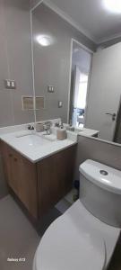 a bathroom with a toilet and a sink and a mirror at Dpto. nuevo una cuadra del lago. in Villarrica