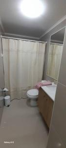 uma casa de banho com um WC, um lavatório e um chuveiro em Dpto. nuevo una cuadra del lago. em Villarrica