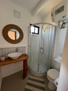 a bathroom with a shower and a sink and a toilet at Studio Cabin I in José Ignacio