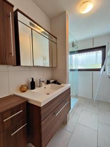a bathroom with a sink and a glass shower at 81qm, 3 bedroom, King-Bed, parking, fast Wifi, Netflix in Waiblingen