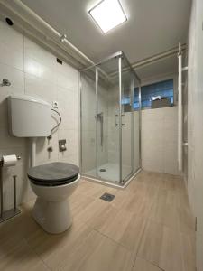 a bathroom with a toilet and a glass shower at Laibach Suite in Ljubljana