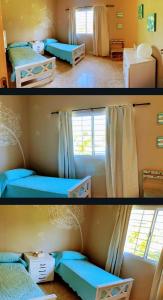 two pictures of a room with two beds at El campito in Ituzaingó
