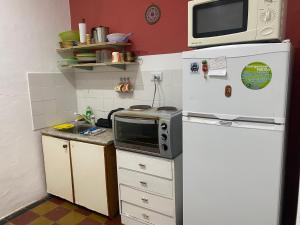 eine kleine Küche mit einem Kühlschrank und einer Mikrowelle in der Unterkunft Depto a una cuadra de costanera Gualeguaychú hta 4 personas in Gualeguaychú