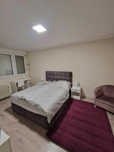 a bedroom with a large bed and a purple rug at Apartman Dixy in Pirot