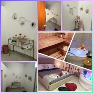 een collage van foto's van een badkamer en een slaapkamer bij Momenti e wellness in Siracusa