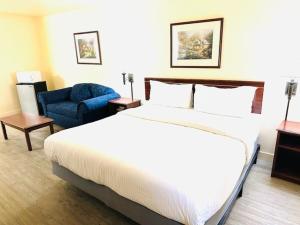 Pokój hotelowy z łóżkiem i niebieskim krzesłem w obiekcie Quincy INN and Suites w mieście Quincy