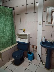 a bathroom with a blue toilet and a sink at Granja Triple A in Guatemala