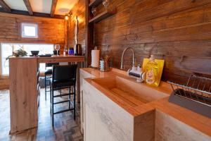 eine Küche mit einer Spüle und einer Theke mit einer Bar in der Unterkunft Brvnara Aurora Vista sa bazenom in Velika Remeta