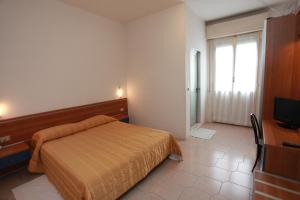 Schlafzimmer mit einem Bett, einem Schreibtisch und einem TV in der Unterkunft Hotel Athena in Pesaro