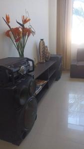 - un salon avec un canapé et une table avec un vase dans l'établissement alquiler departamento amoblado., à Tarapoto