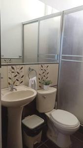 La salle de bains est pourvue de toilettes, d'un lavabo et d'une douche. dans l'établissement alquiler departamento amoblado., à Tarapoto