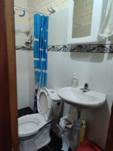 La petite salle de bains est pourvue de toilettes et d'un lavabo. dans l'établissement Villa Lucy, à Charalá