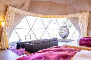 南阿蘇村にあるglampark ACONCAGUA RESORTSの大きな窓、ソファ、ベッドが備わる客室です。