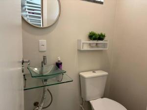 ein Badezimmer mit einem Waschbecken, einem WC und einem Spiegel in der Unterkunft Sobrado com garagem e churrasqueira in Tijucas