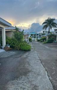 an empty street in front of a house with palm trees at Ambitious Apartment Lot 7 in Nadi