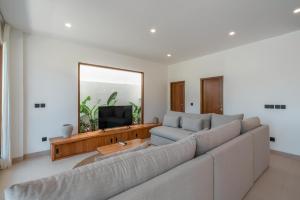 ein Wohnzimmer mit einem Sofa und einem TV in der Unterkunft Villa Phan - Tranquil Stylish 2-Bedroom Villa in Pererenan in Munggu