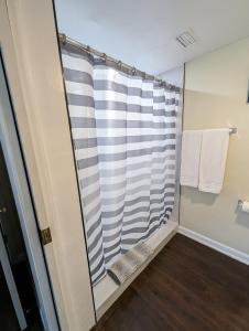a bathroom with a shower with a window at Green house in Tampa