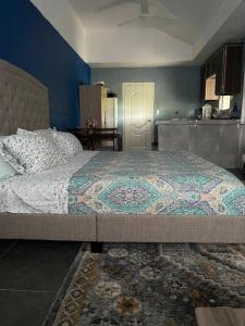 Sale’aula Lava Studio Apartment في Saleaula: غرفة نوم بسرير كبير بجدار ازرق