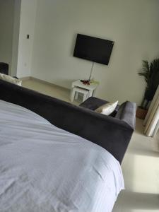 ein Schlafzimmer mit einem Bett, einem Sofa und einem TV in der Unterkunft استوديو باطلالة رائعة في منتجع جبل سيفة in As Sīfah