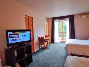 a hotel room with a television and a bedroom at Hotel Alila in Saint-Sauveur-des-Monts