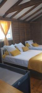 2 Betten mit gelben Kissen in einem Zimmer in der Unterkunft Le Cosy Bungalow de Lili / 5min de l'aéroport in Les Abymes